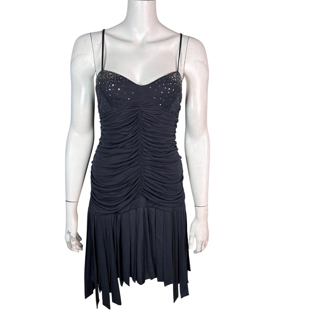 Sass & Bide Corset Ruched Mini Dress Size 6 Fringe Grungle Edgy Sparkle Gray